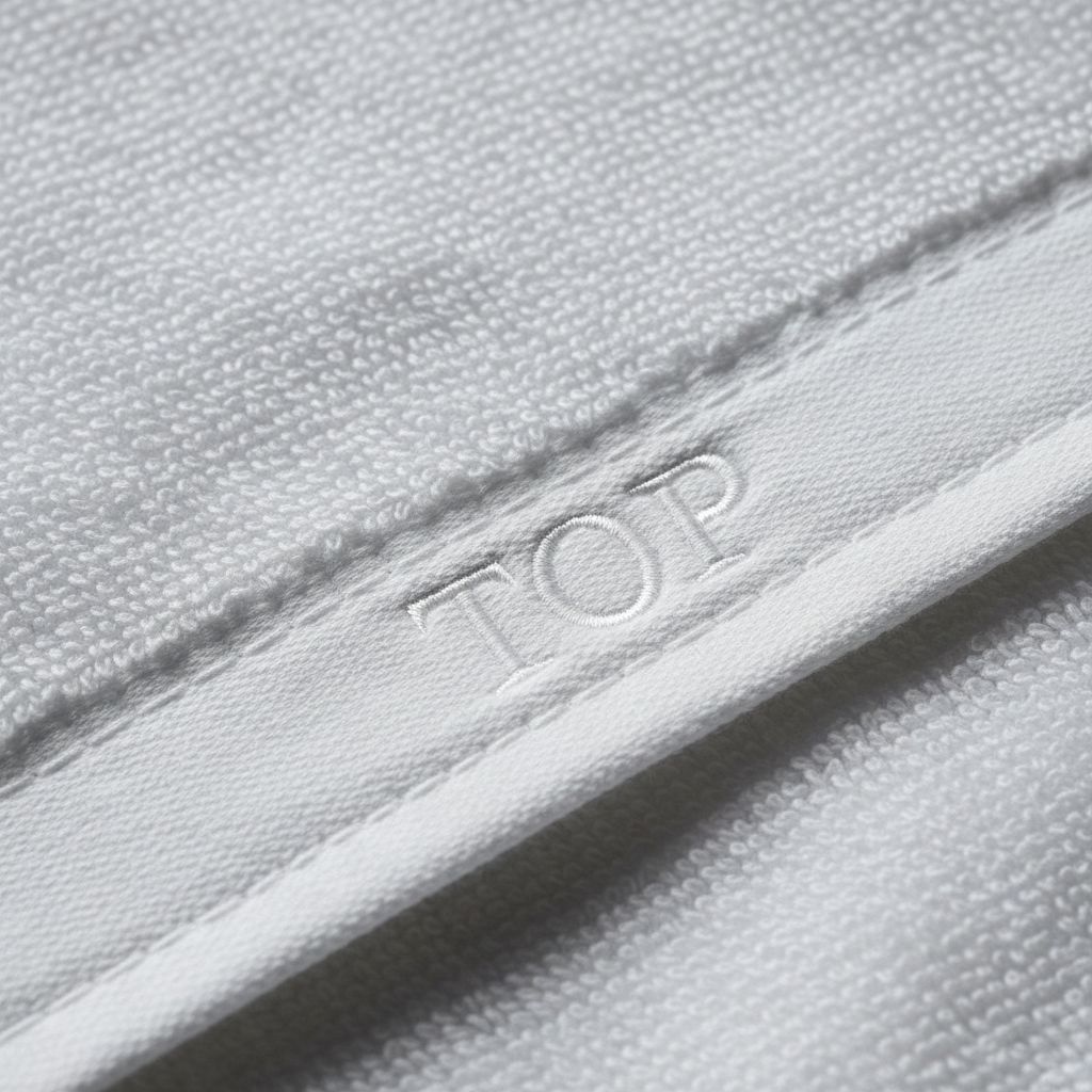 Close-up of tone-on-tone TOP embroidery and woven divider on a white towel