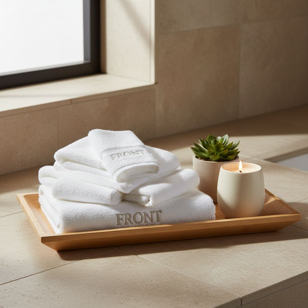 TOP AND BOTTOM white towels styled on a wooden tray with a candle and succulent