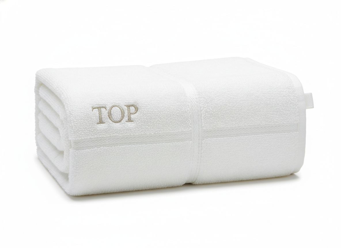 Folded white towel showing TOP embroidery