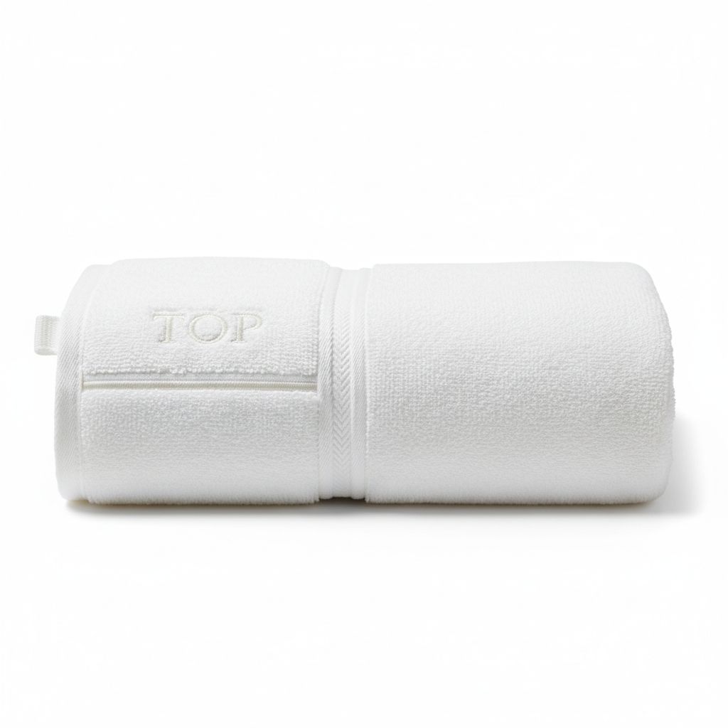 Rolled white towel with TOP embroidery detail