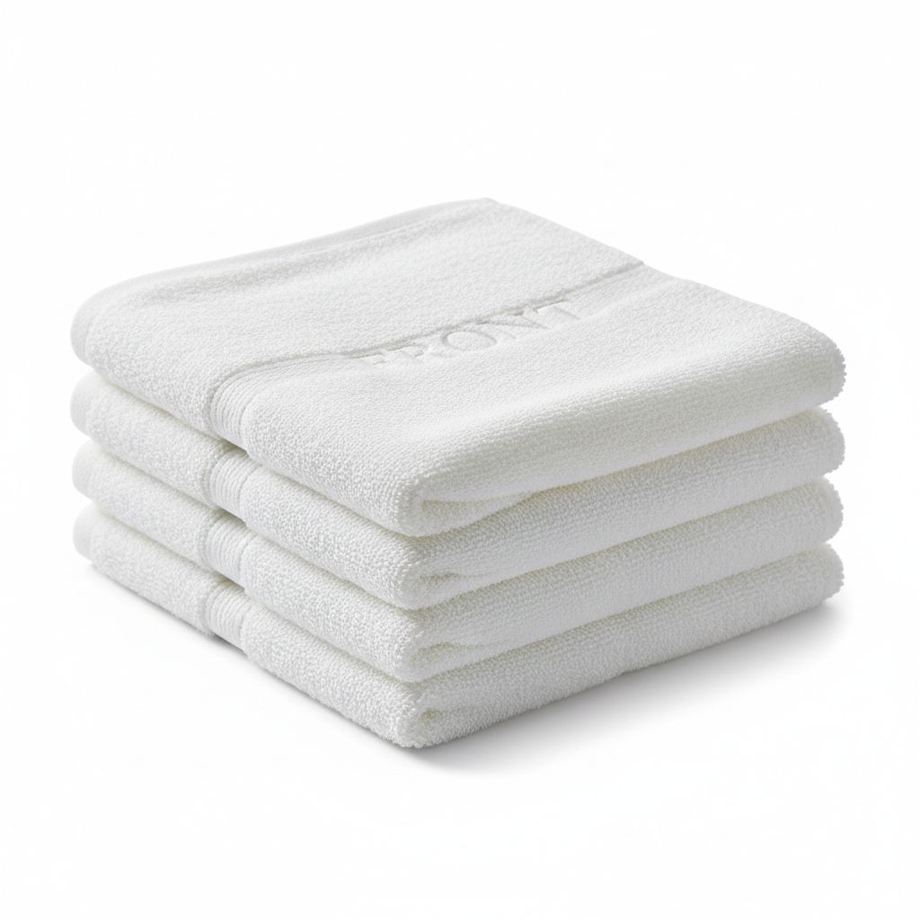 Neat stack of four folded white TOP AND BOTTOM bath towels