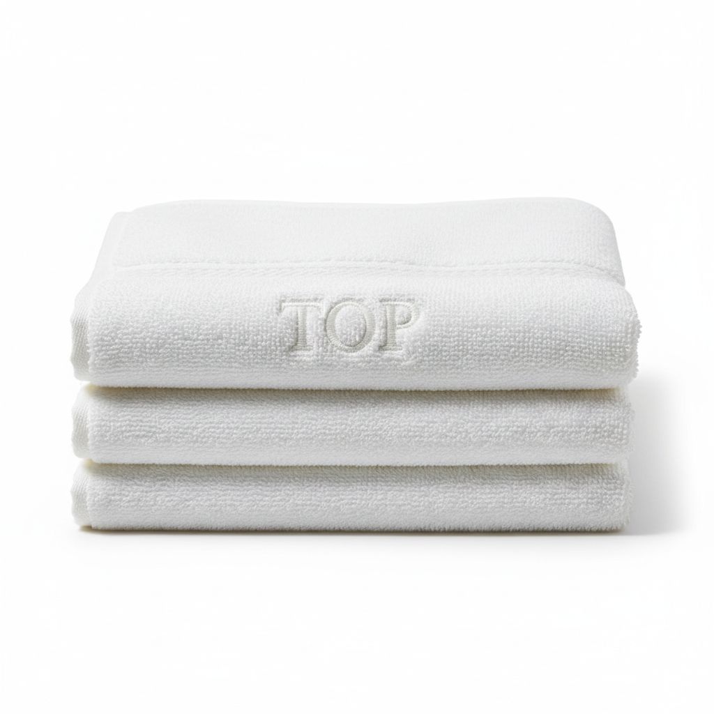 Stack of three folded white TOP AND BOTTOM bath towels with TOP embroidery