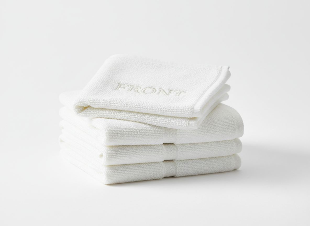 Stack of white TOP AND BOTTOM washcloths with FRONT embroidery